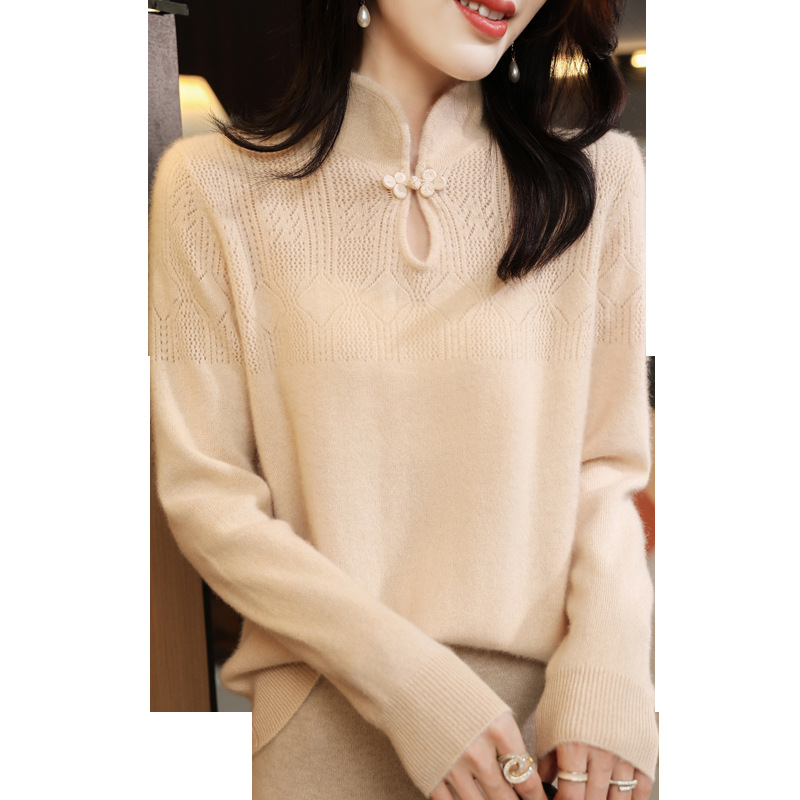 Chinese style retro buckle women's pure wool sweater women's autumn and winter gentle style stand collar bottoming sweater top