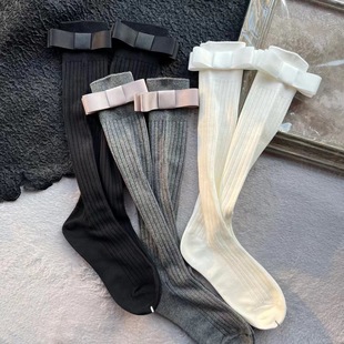 Socks Women's Cuff Socks Grey Vertical Stripes Slimming All-match Bow Thin Mid-length Stacked Socks Japanese Style Mid-length Socks