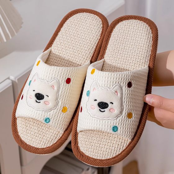 Cartoon Linen Slippers Men's Spring and Autumn Mute Indoor Breathable Home Cute Opening Cotton Linen Slippers Women's Winter and Summer