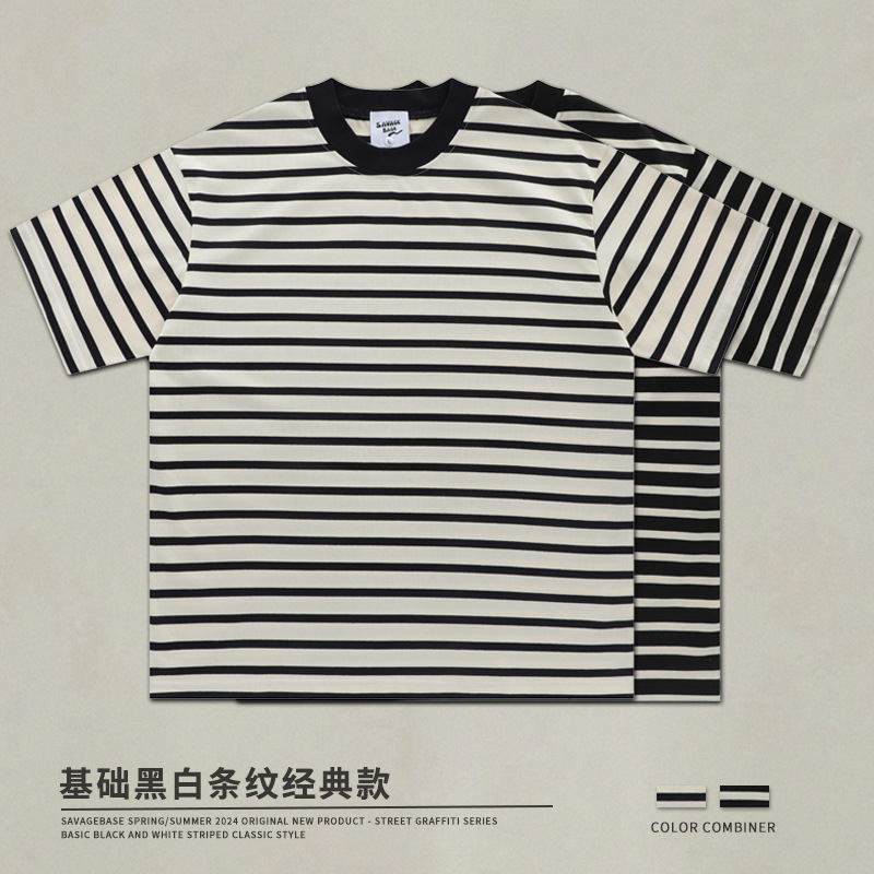 32 Count Double Yarn Cotton Black and White Stripesd Short-Sleeved Small Neckline T-Shirt Summer Casual Work Clothing Basic Versatile Sea Soul Shirt