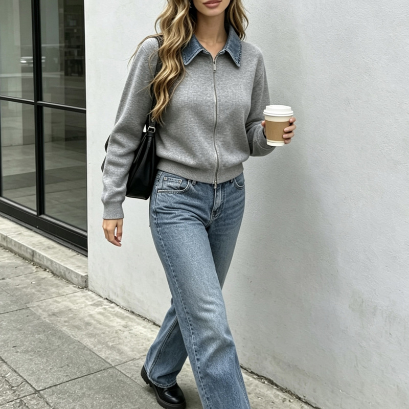 Cross-border foreign trade women's clothing, patchwork long-sleeve knitted cardigan, versatile women's sweater coat, vintage style denim collar top, trendy
