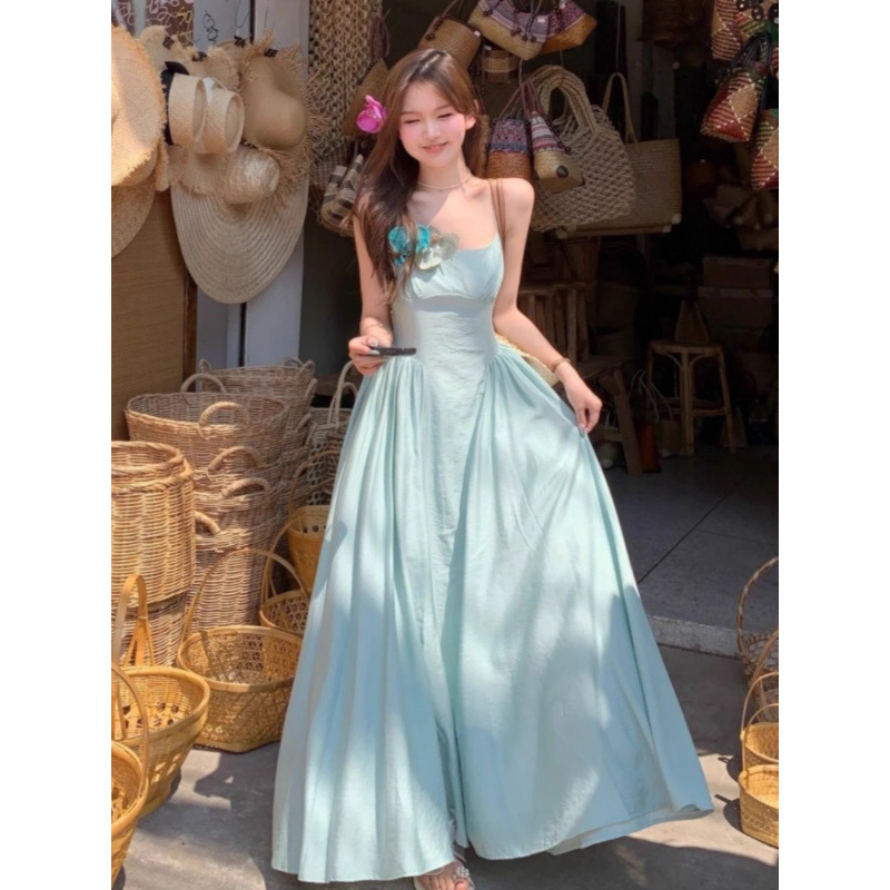French Blue Suspender Dress for Women in Summer, High-End and Super Beautiful, Beautiful Seaside Vacation Beach Long Dress