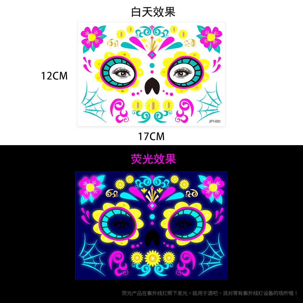 Tatuajes Temporales Metalizados para Cara de Papel de Transferencia de Agua, Fluorescente para Fiesta de Halloween