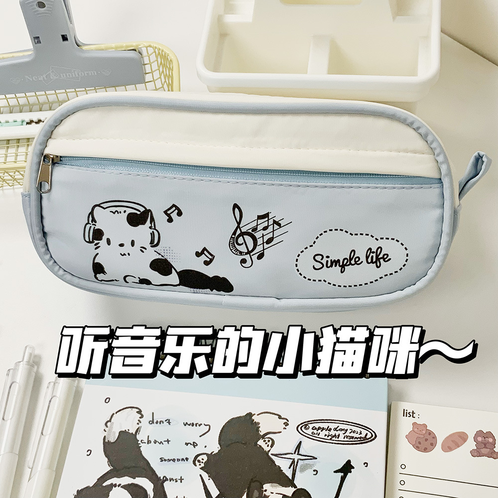 簡約ins音樂小貓抽繩筆袋學生高顏值大容量文具可愛多層卡通