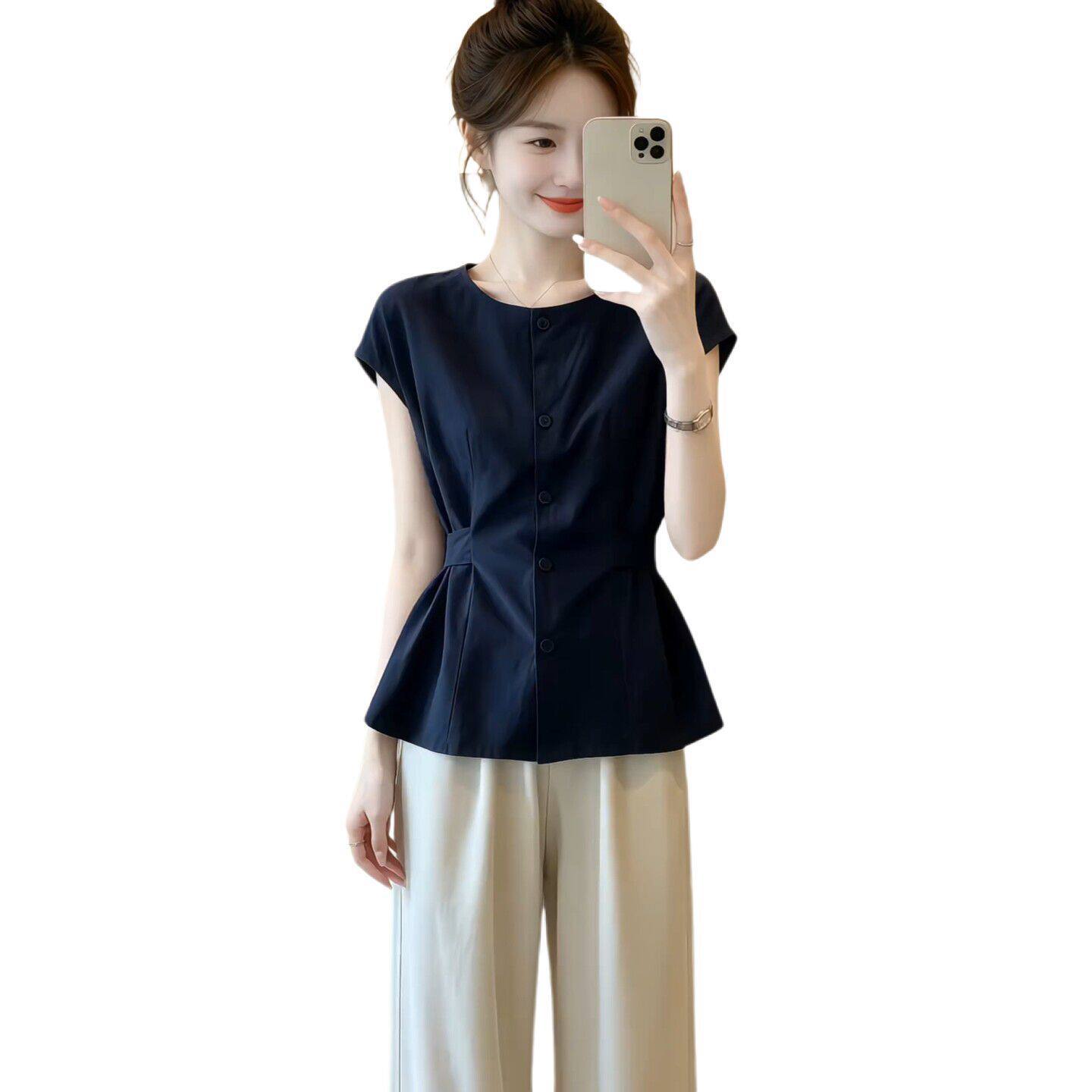Áo sơ mi nữ linen tay ngắn thắt eo, kiểu dáng công sở mùa hè — Xanh lông mòng đen chi tiết 5