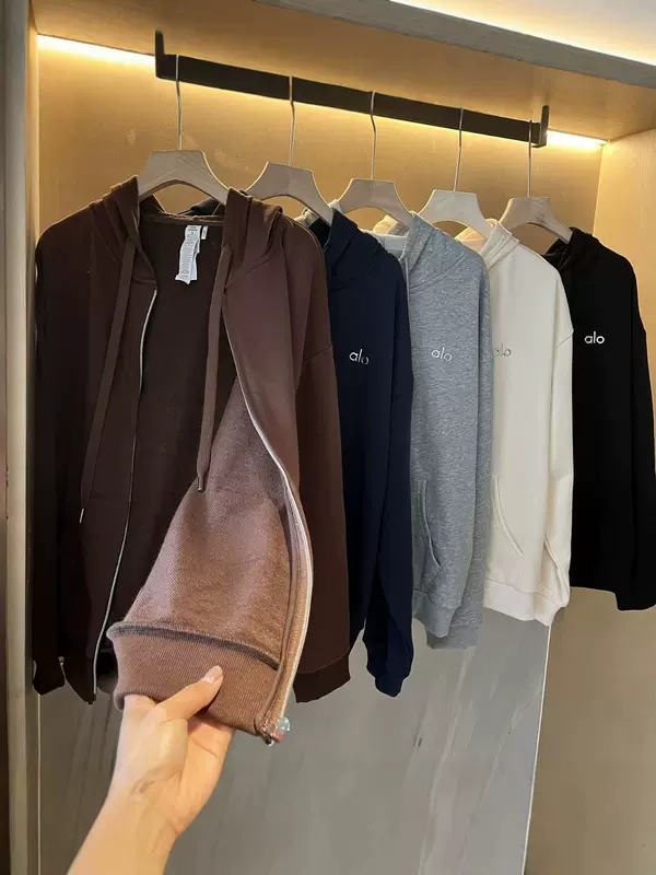 In stock ALO Kim Ji-soo style zip-up cardigan jacket for women, loose-fitting drawstring hooded sweatshirt coat