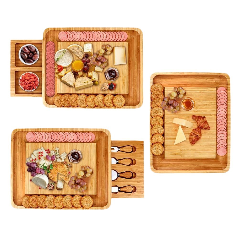 Spot transfronterizo al por mayor tablero de queso de bambú de doble cajón con cuchillo Juego de tablero de queso de madera de cuatro piezas