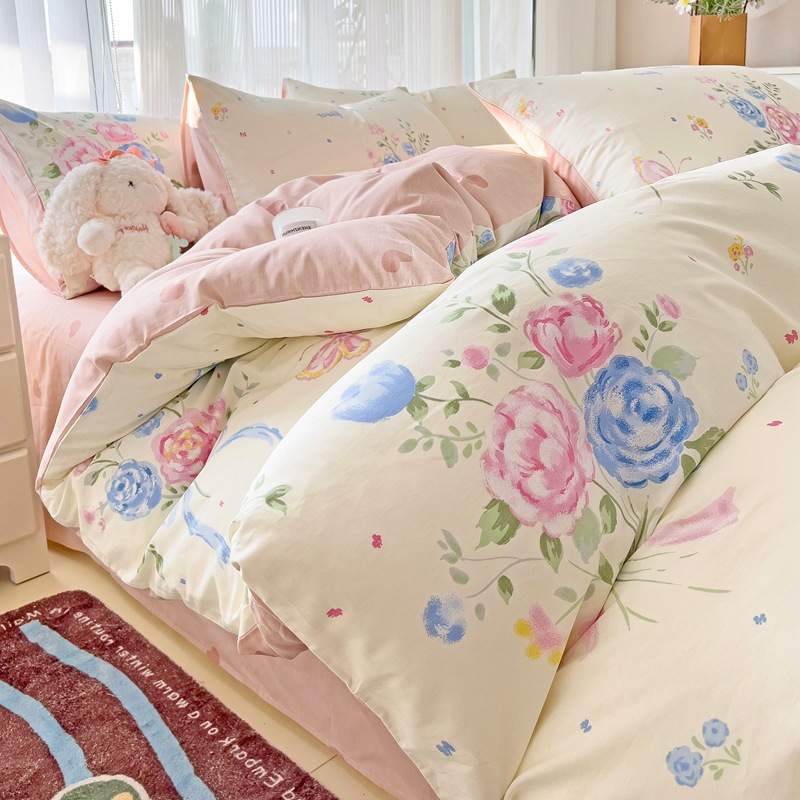 Personalizado en fábrica, sábanas de algodón de algodón de clase A, juego de cuatro piezas, cama de dormitorio de estudiantes floral, juego de tres piezas, funda de edredón, sábana