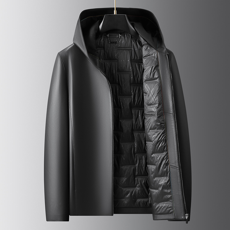 秋冬新款男士真皮羽绒服男绵羊皮连帽夹克鹅绒内胆商务通勤男装厚