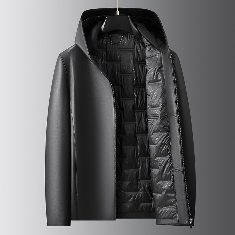 Autumn and Winter New Men's Genuine Leather down Jacket, Men's Sheepskin Hooded Jacket with Goose down Lining, Business Commuter Men's Thick Clothing