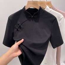 新中式国风短袖恤女2024夏季新款设计感小众半高领内搭中袖上衣