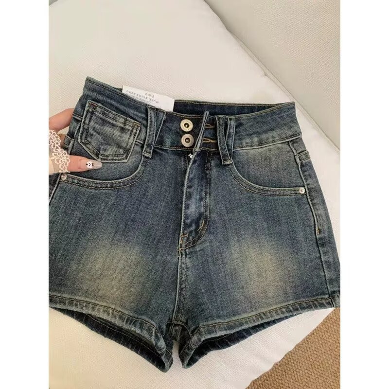 American Retro Denim Shorts for Women, 2026 Summer Hot Style, High-Waisted, Tight-Fitting, Sexy, Petite, Stretchy A-Line Hot Pants