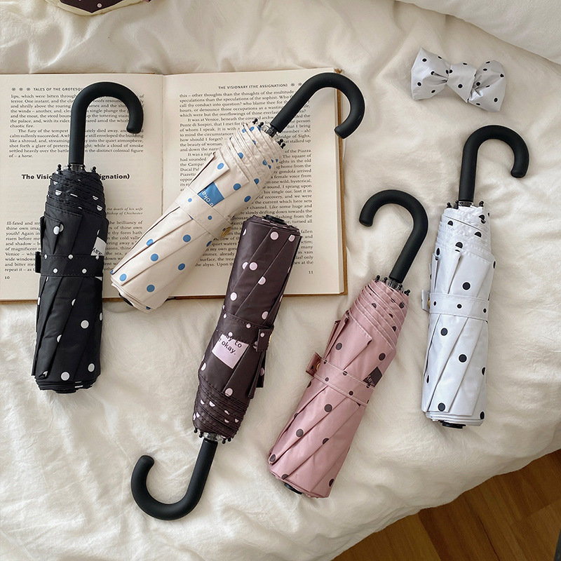 New Korean-Style Small Polka Dot Curved Handle Folding Umbrella with High Aesthetic Appeal for Women, Sun Protection, Uv Protection, Dual-Use for Sun and Rain
