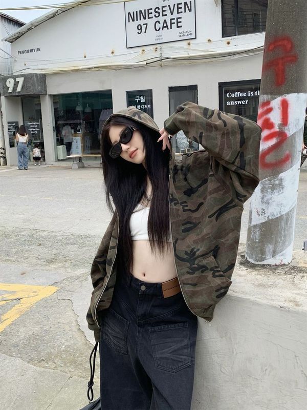 迷彩外套女美式春秋季复古2025年新款显瘦设计感连帽拉链卫衣上衣|undefined