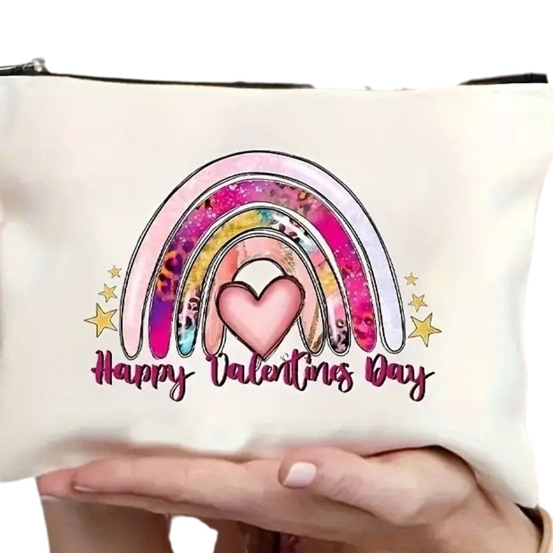 Bolsa de Cosméticos de Lino con Estampado de Corazón Arcoíris de Temu, Bolsa de Almacenamiento de Doble Cara para Mujer con Separación para Artículos Secos y Húmedos