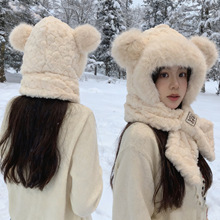 秋冬季新款骑车针织帽毛绒帽子女防寒围巾一体保暖可爱小熊护耳帽