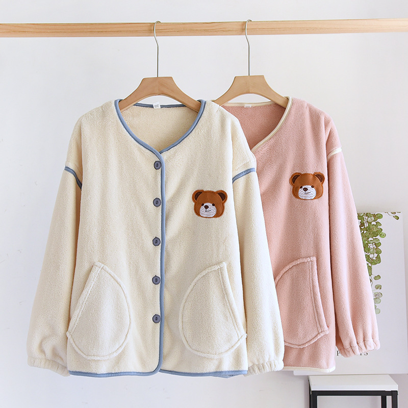 winter thickening Coral pajamas lady Simplicity Cardigan Flannel Home Furnishings Exorcism Autumn and winter keep warm jacket