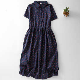 实拍现货2025夏季印花衬衫裙复古文艺短袖中长款碎花连衣裙女森