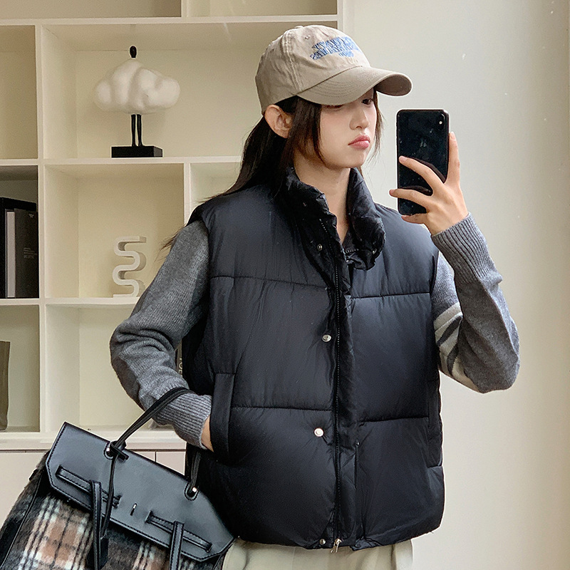 浅蓝色无袖立领羽绒棉服马甲女冬季新款小个子短款保暖面包服外套|undefined