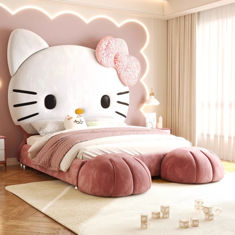 Cama infantil, cama princesa, cama individual de 1.5m, cama de gato rojo kt simple, cama de tela multifuncional moderna