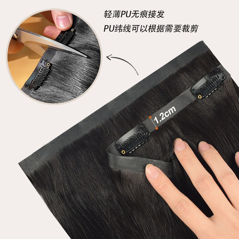 pu clip cabello largo rizado extensión invisible cabello humano cabello real pieza de peluca tejida a mano cabello real