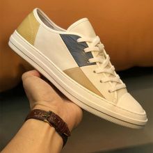 欧洲站男鞋欧货潮白色皮面英伦风板鞋男拼色百搭休闲舒适鞋子轻奢