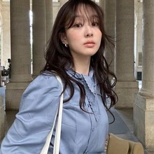 韩国chic春秋季新款小从气质休闲法式百搭复古亲肤刺绣丝巾领衬衫