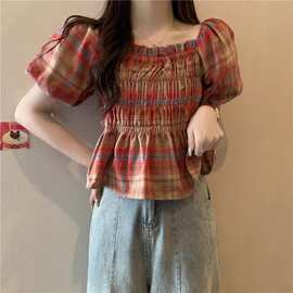 女夏季新款显瘦遮肚泡泡袖方领衬衫胖mm气质格子收腰短袖上衣
