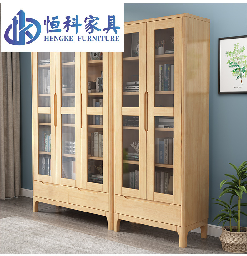 北歐實木置物櫃小書櫃帶門木櫃角落櫃原木玻璃櫃收藏櫃經濟型書櫥