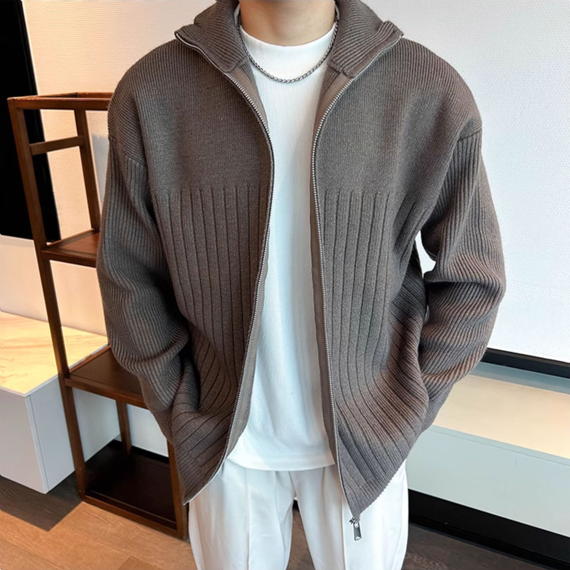 Otoño y invierno nuevo cardigan suéter de punto hombre chaqueta de rayas calentamiento comercio exterior británico comercio exterior al por mayor transfronterizo