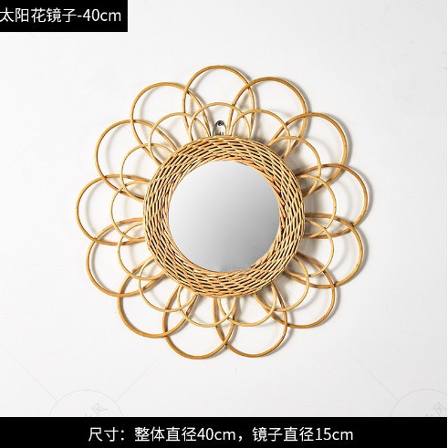 Espejo de maquillaje de ratán redondo nórdico transfronterizo Espejo de pared tejido a mano de estilo ins Espejo de decoración de pared de la casa de familia de entrada