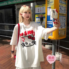 純綿パーソナライズデザイントレンディなブランド KT 漫画プリント半袖 Tシャツミッドレングスの女性の学生ルーズカジュアルトップ