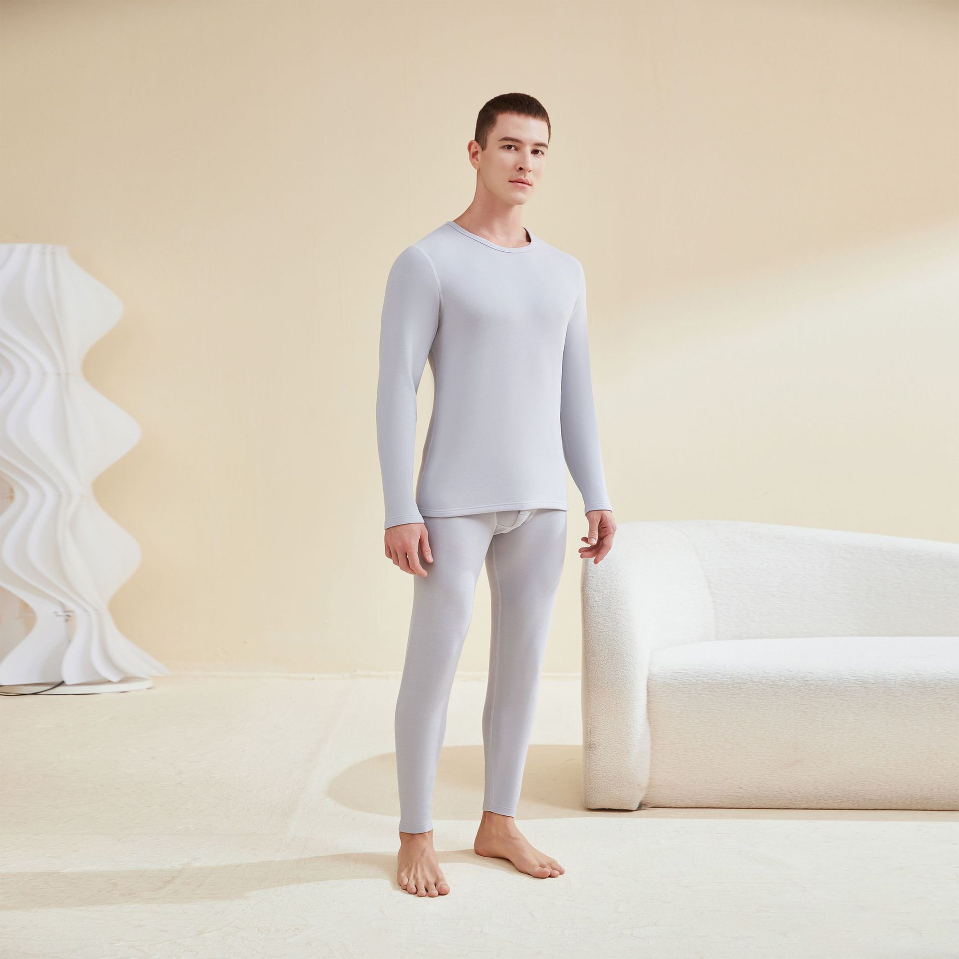 Traje térmico acrílico de nuevo estilo transfronterizo, pantalones de manga larga con cuello redondo para hombre