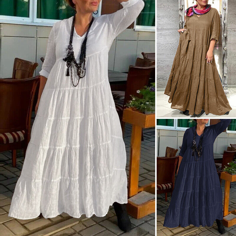 New European and American British women's extra long dress long sleeve V-neck loose dress casual dress gown robe