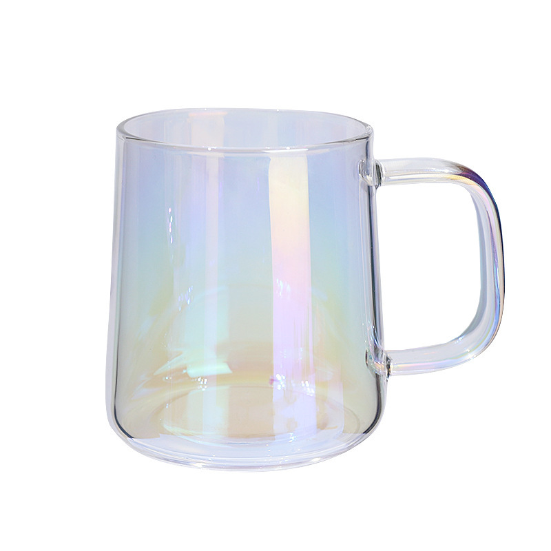 Taza de café de vidrio Aurora colorida con asa, taza de vidrio para el hogar de alto valor, taza de desayuno, sentido avanzado