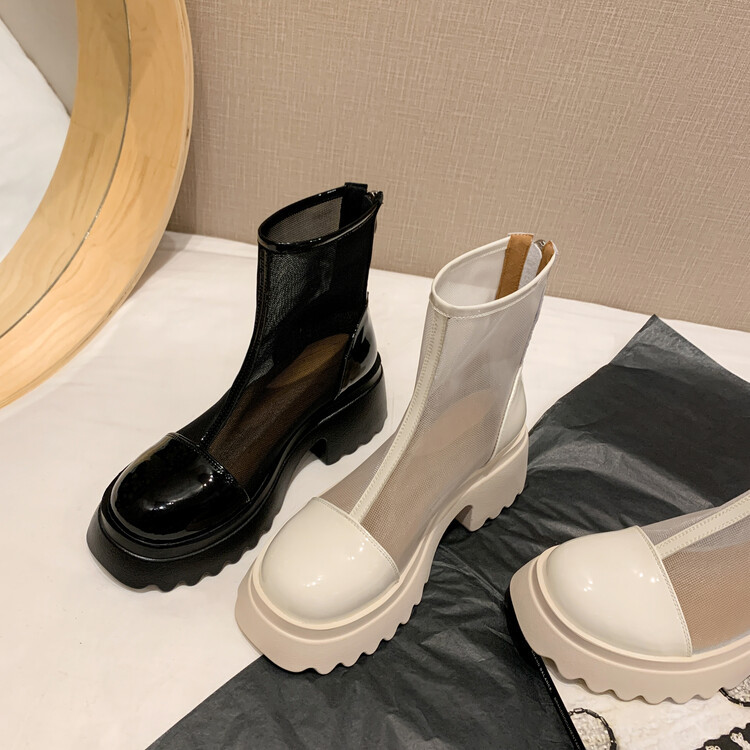 Boot ngắn nữ da thật vải lưới cao gót 6cm mùa hè phong cách Anh thoáng khí — Màu đen, Trắng be chi tiết 139