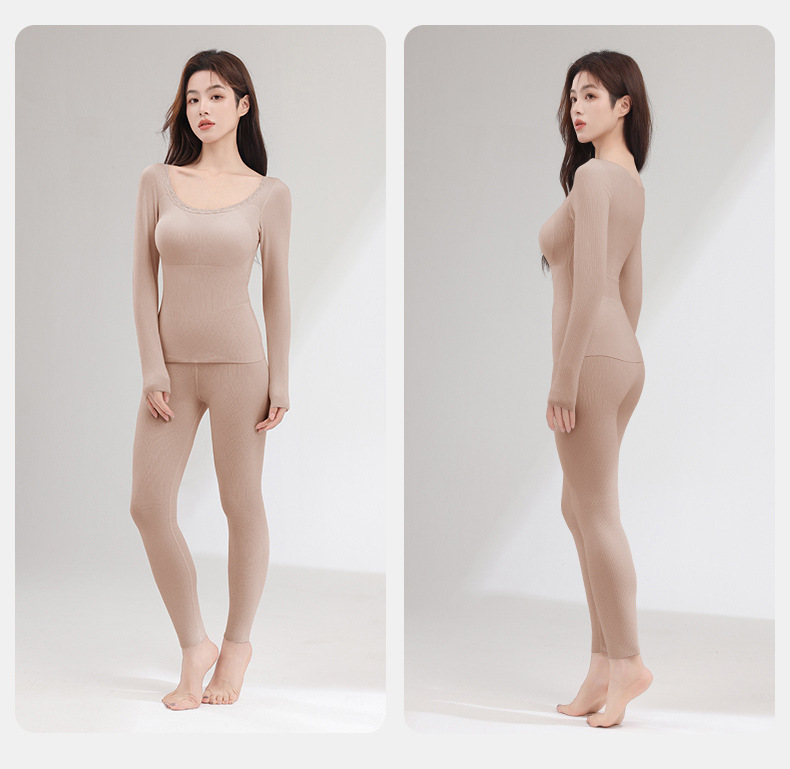 Finna Fuzhou Cordillera seda calentamiento conjunto de ropa interior de mujer con cojín de pecho de lana gruesa de otoño y invierno conjunto de top