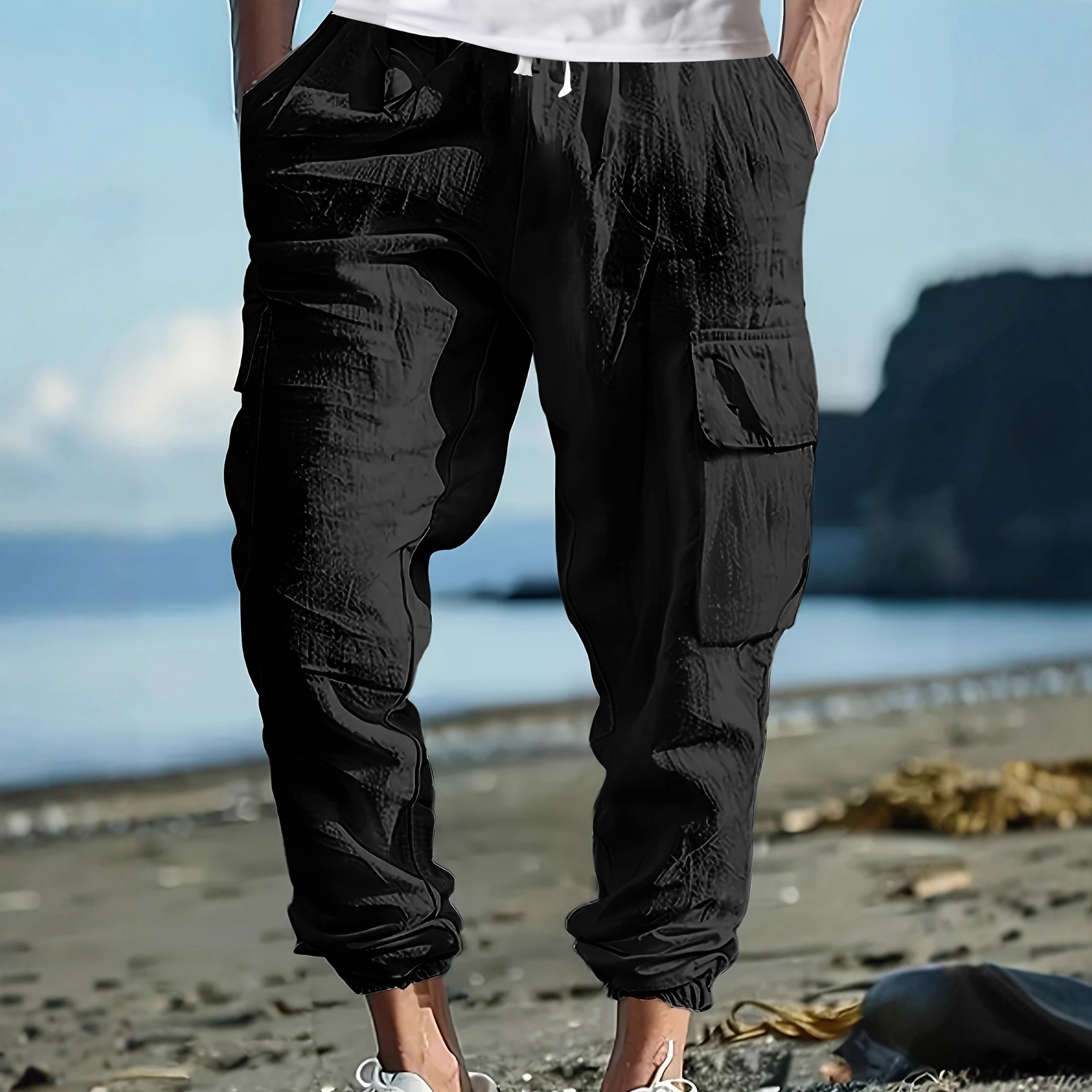 Men's Linen-Cotton Casual Jogger Pants, Relaxed Fit Drawstring Multi-Pocket Trousers For Autumn_viptrois.com