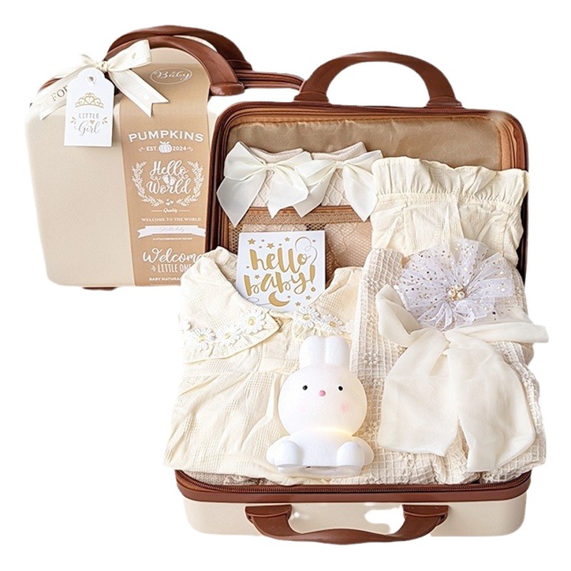 Caja de regalo del bebé recién nacido Ropa beige traje talla madera maleta cien días regalo artículos