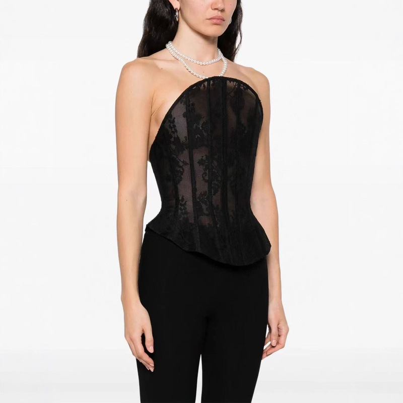 Black Gothic Mysterious Jennie's Same Style Lace Hard Fishbone Curved Slim Tube Top