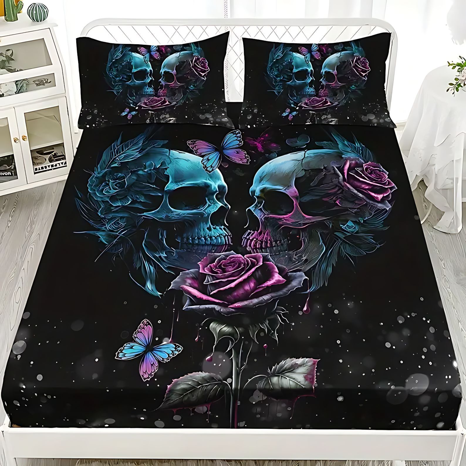 TEMU / JIT serie de esqueleto oscuro impresión digital de alta definición cama molida cama caseta colchón conjunto de ropa de cama