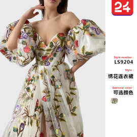2025跨境春夏新款欧美女装连衣裙一字肩抹胸开叉绣花气质网纱长裙