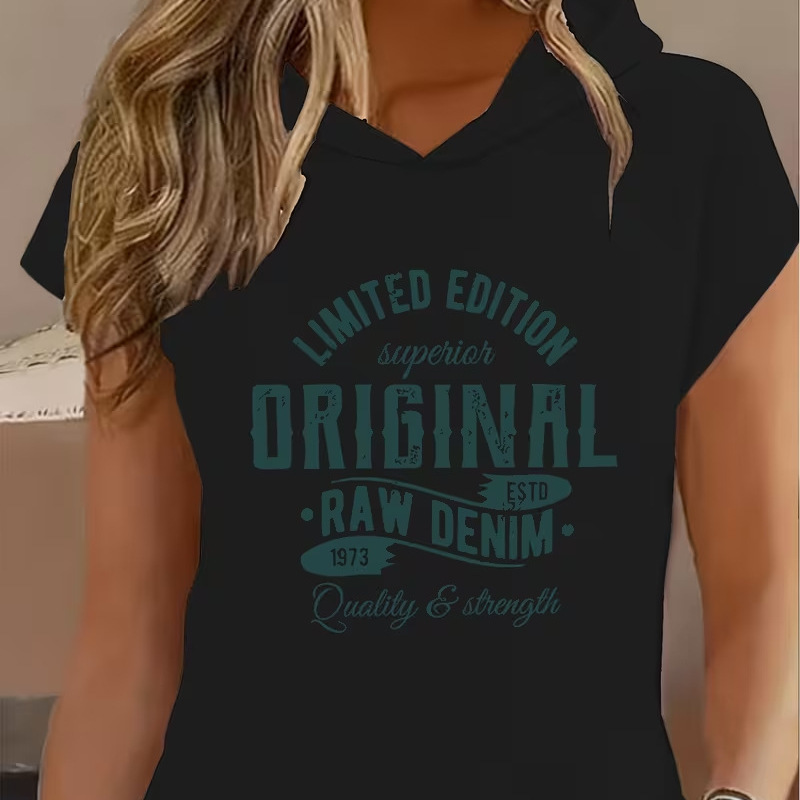 Cross-Border European and American Retro Distressed English Slogan Print V-Neck Hooded Short-Sleeve Women's Casual T-Shirt