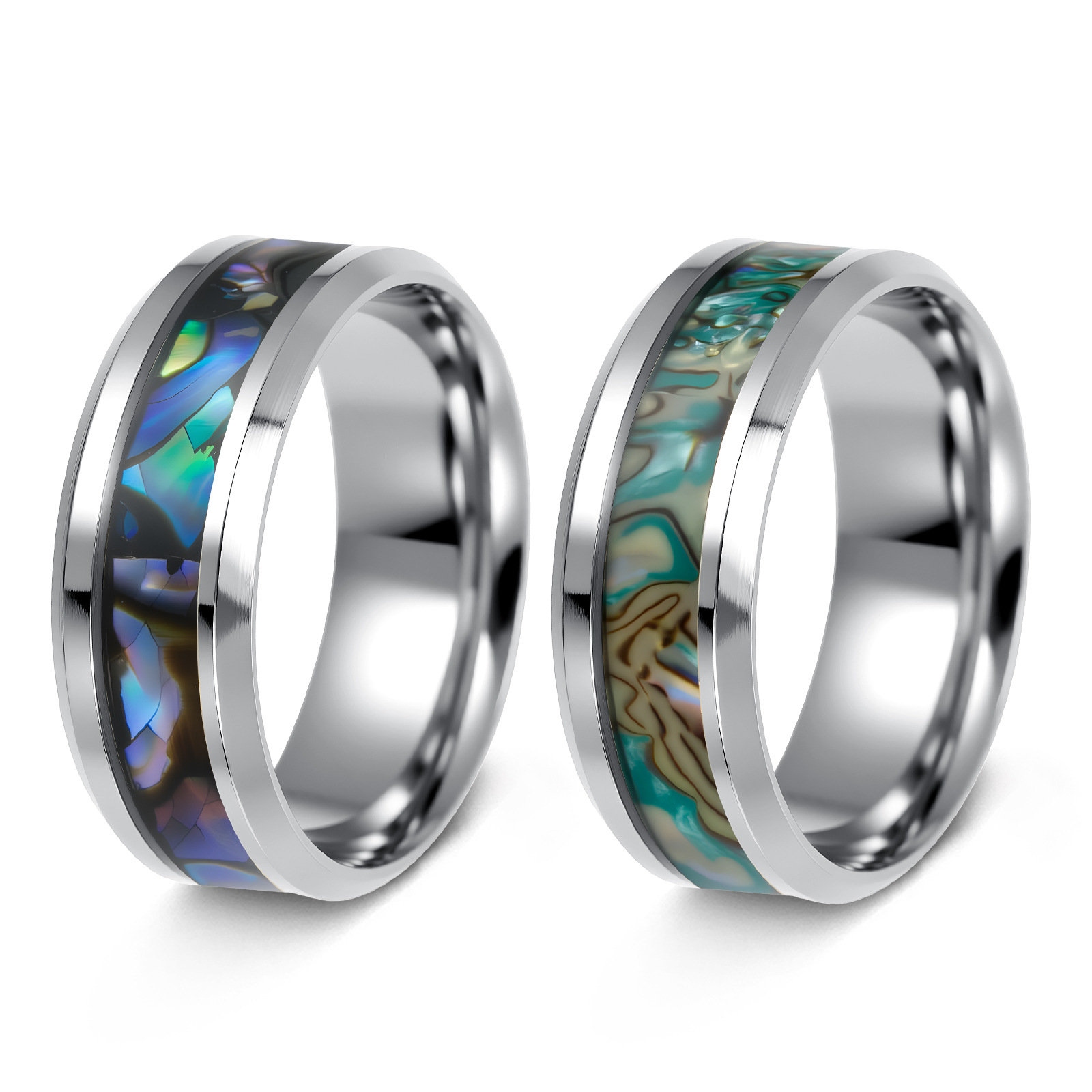 Amazon European and American Cross-Border 8mm Stainless Steel Ring Men's Ring Men's Jewelry Inlaid with Imitation Abalone and Shell Bracelets