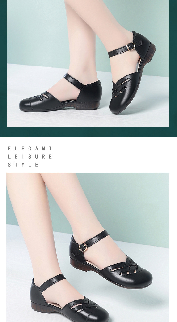 Sandal nữ da thật đế mềm, mũi kín, gót thấp, đế cao su bền bỉ — màu đen chi tiết 11