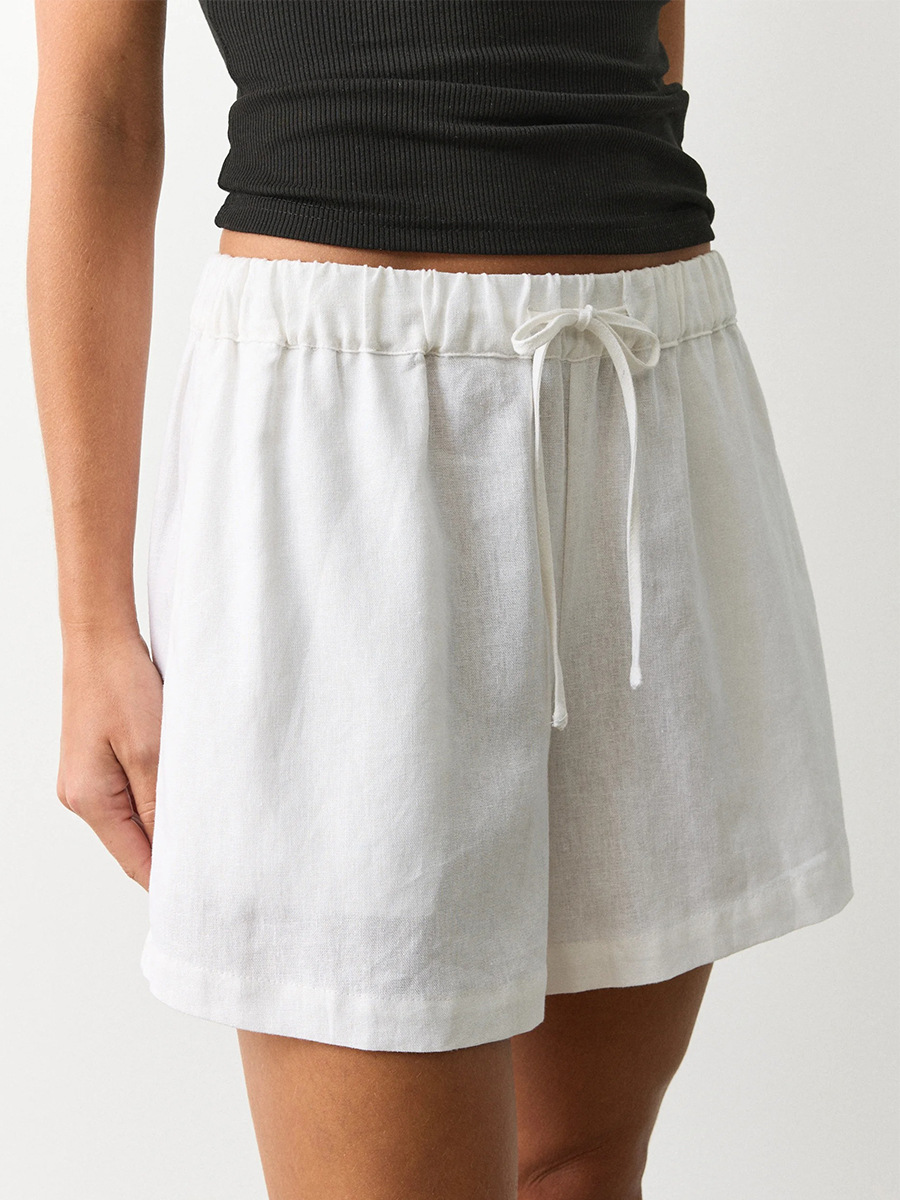 Shorts Casuales de Talle Alto con Cordón de Mezcla de Algodón y Lino para Casa y Ocio