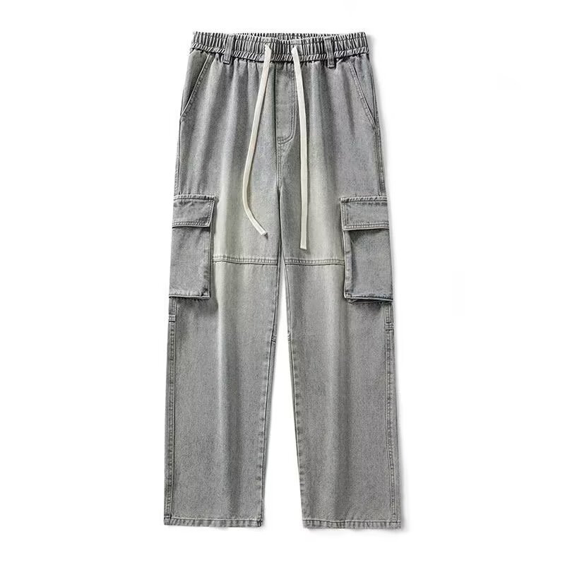 ​​Men’S Cargo Jeans – Vintage Washed Denim Pants With Patchwork & Multi-Pockets​​ Relaxed Straight Fit​​_mkmklike.com