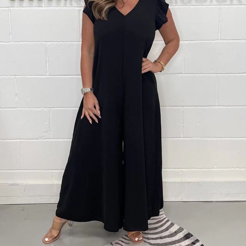 2024 Summer Amazon European and American Style Loose Women's Ruffle Long Pants Solid Color Wide-Leg Jumpsuit Elegant Commuter Outfit