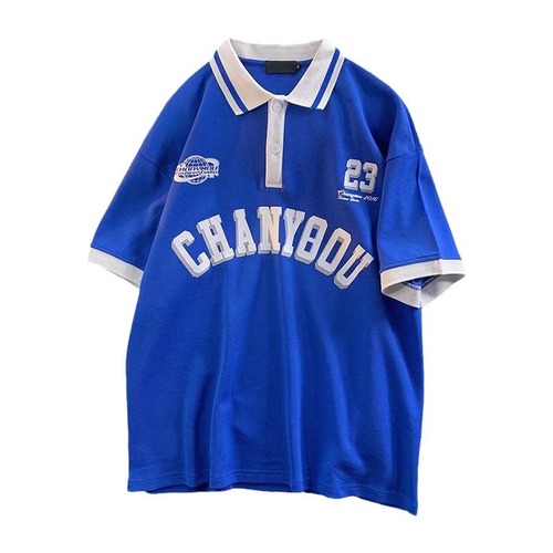 Summer Klein Blue American Retro Polo Shirt Short Sleeve T-Shirt for Men, National Trend Ins Loose Men's Half Sleeve T-Shirt