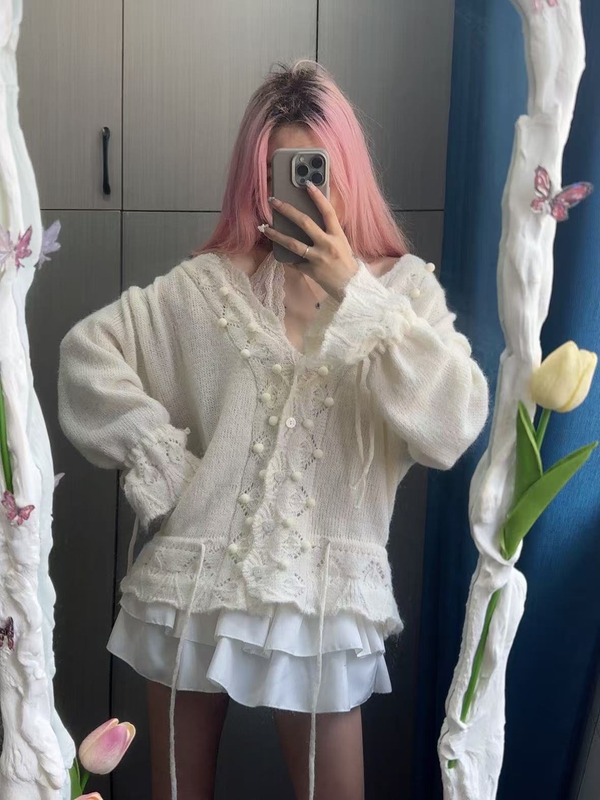 YS慵懒风短版毛球羊毛外套女秋季新款薄款绑带镂空针织衫宽松开衫